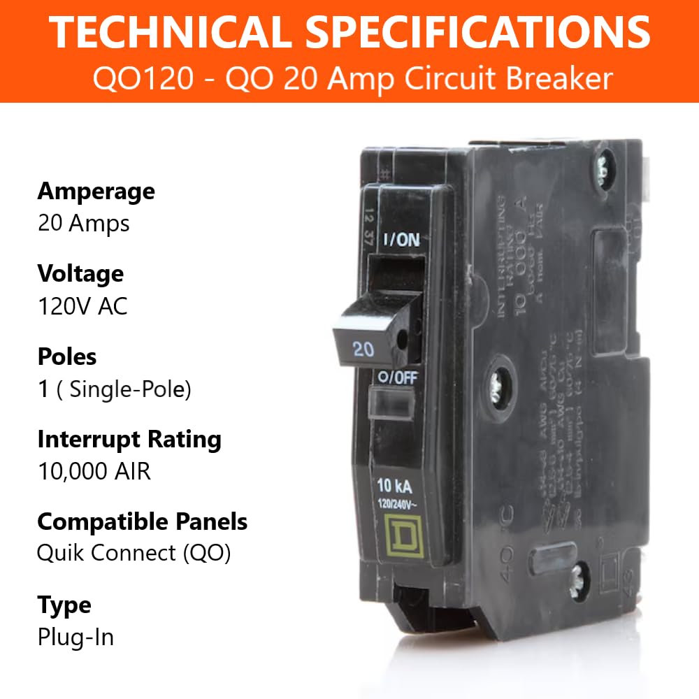 Genuine Square D QO120 QO 20 Amp Circuit Breaker Kit (2 Pack), Single Pole, 20A, 120V, 10kAIC, Plug-in for QO Load Centers & Panel Box, Visi-Trip, New Replacement