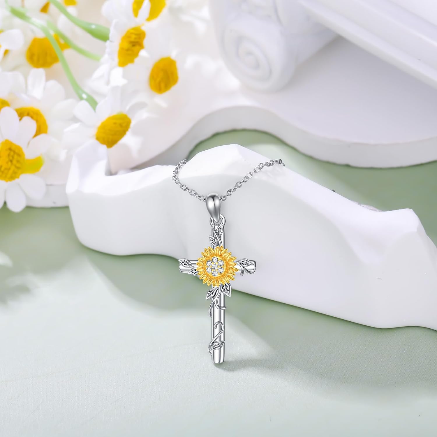 Diamond Sunflower Cross Necklace for Women 925 Sterling Silver Cross Pendant with Lab Grown Diamond Sunflower Jewelry Gifts - Image 2