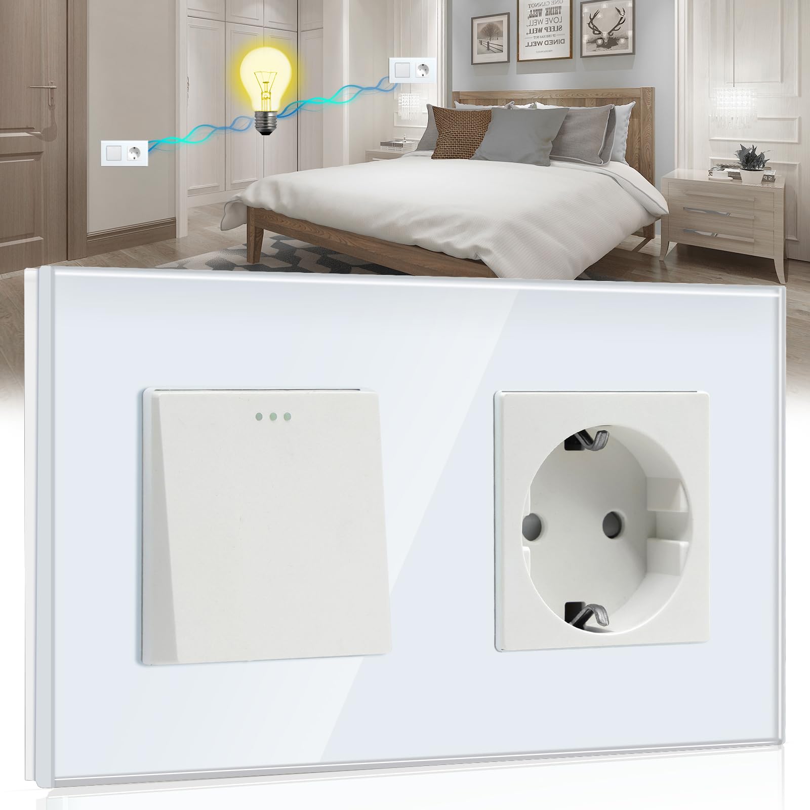 BSEED Wandschalter mit Steckdose 1 Fach 2 Wege,10A Kristall Glas Platte Wandschalter mit 16A Schuko Steckdose Weiß, Physische Unterputz Schalter mit Steckdose- 157mm