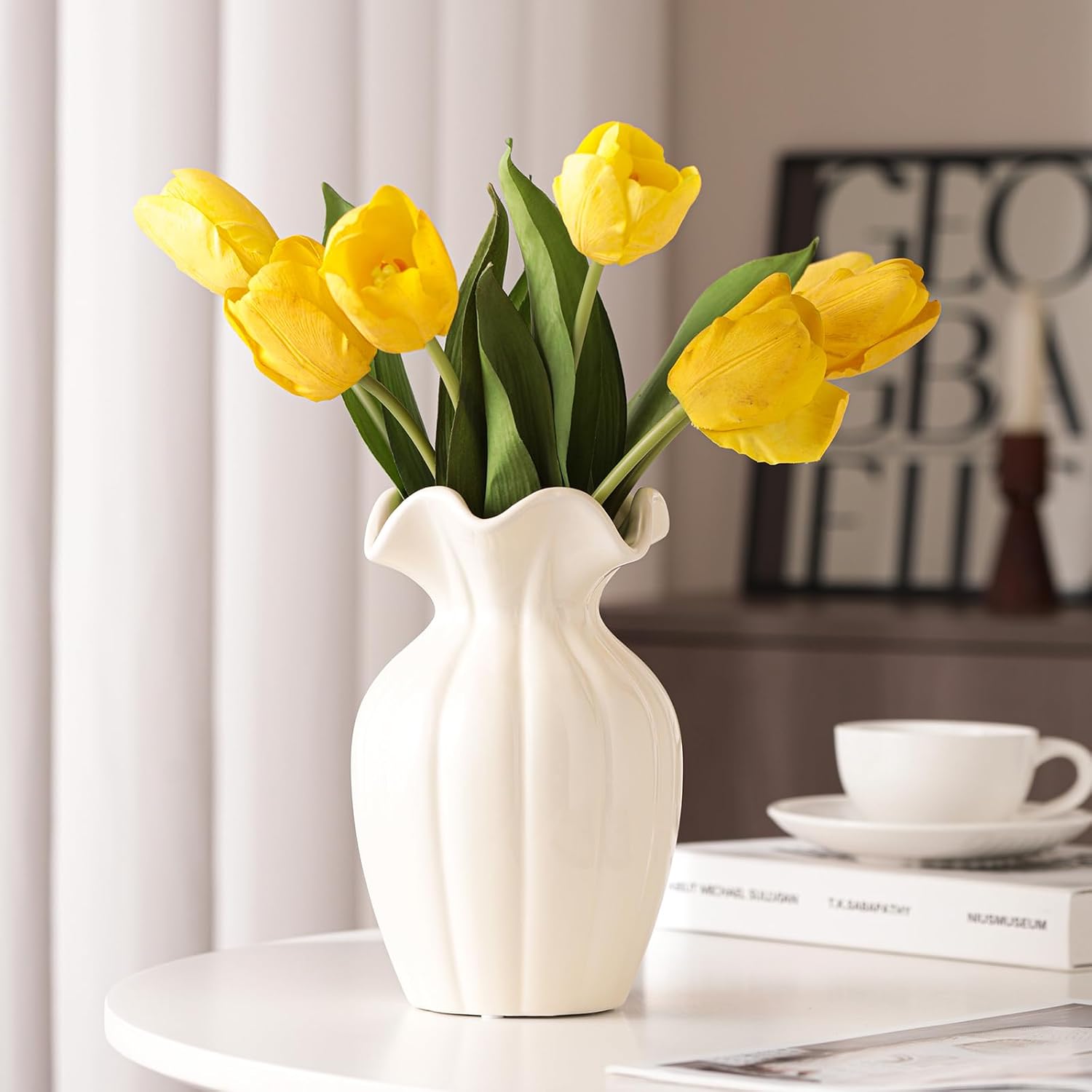Seasonplan White Ceramic Vase, 8 Inch Flower Vase Home Decor Modern Decorative Vases for Bouquet, Unique Vases for Farmhouse Living Room Cabinet Table Centerpieces Wedding Decorations (Green)