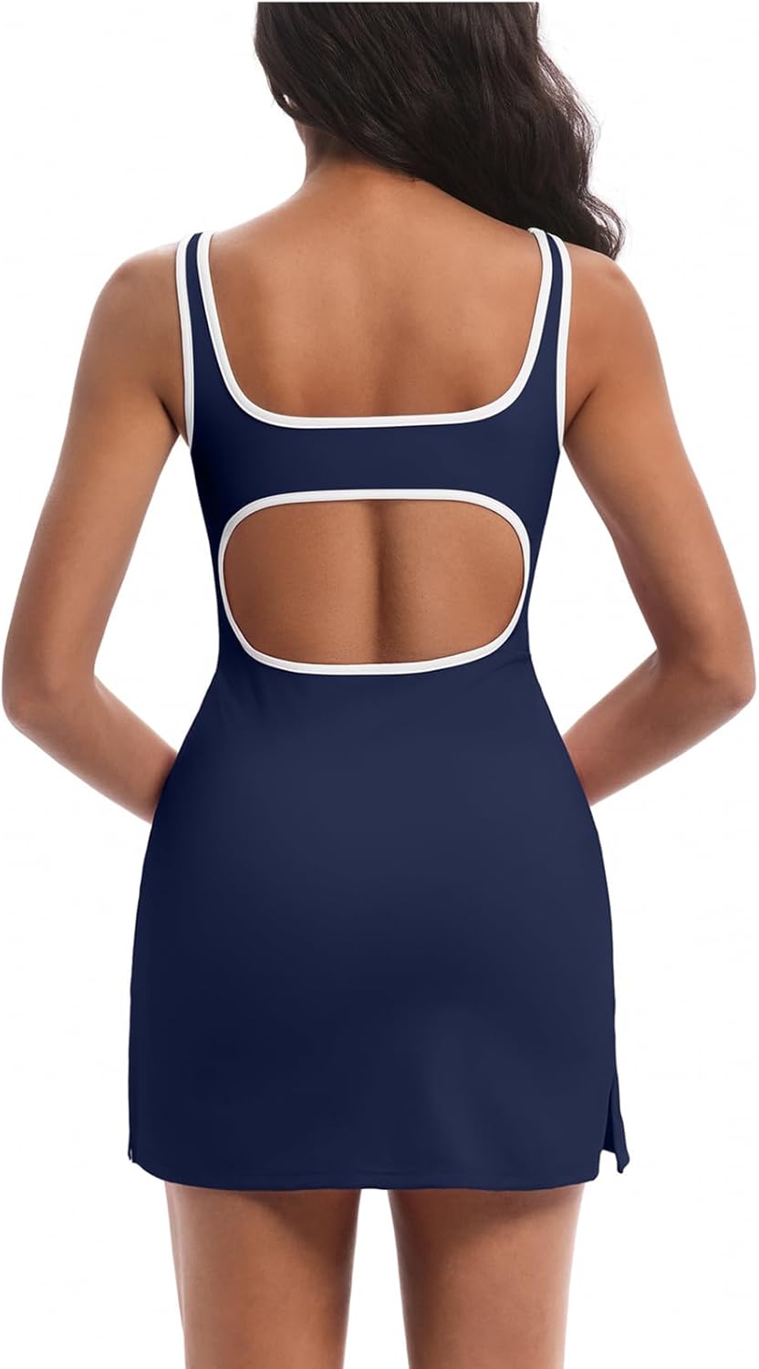 Topcloset Women's Square Neck Tennis mini Dress Built in Shorts Golf Athletic Workout Dress with Pockets Easy Peasy Shorts