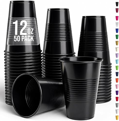 Exquisite Party Solids 12 Oz Black Plastic Cups For Party Supplies 50 Pack | Black Disposable Cups Plastic | Disposable Drinkware For Parties, Events & Everyday