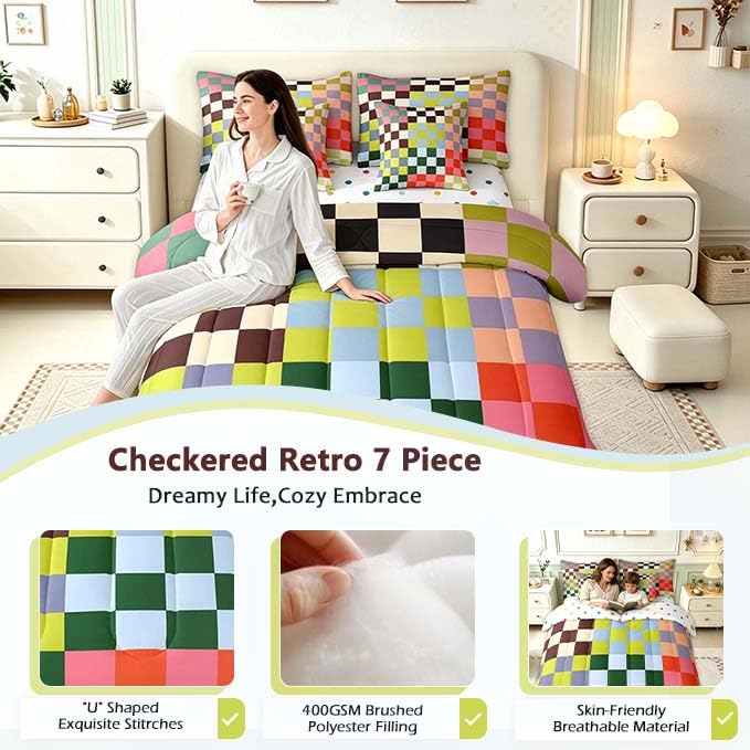 Image of Feelyou Multicolored Checkered Retro 7 Piece Bedding Set Kids Boys Geometric Vintage Comforter Set with Sheets Queen Size Green Red Yellow Colorful Bed in a Bag Modern Groovy Aesthetic Room Decor