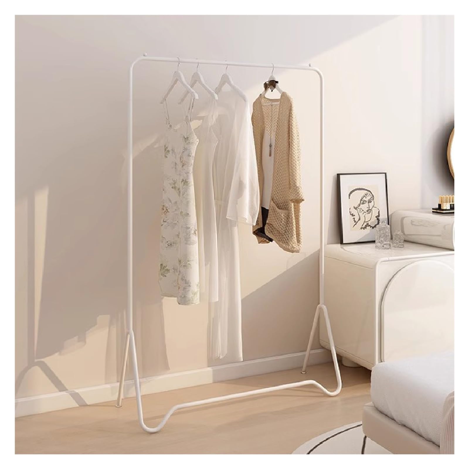 Portant à vêtements robuste blanc, support de cintre double tige avec étagère