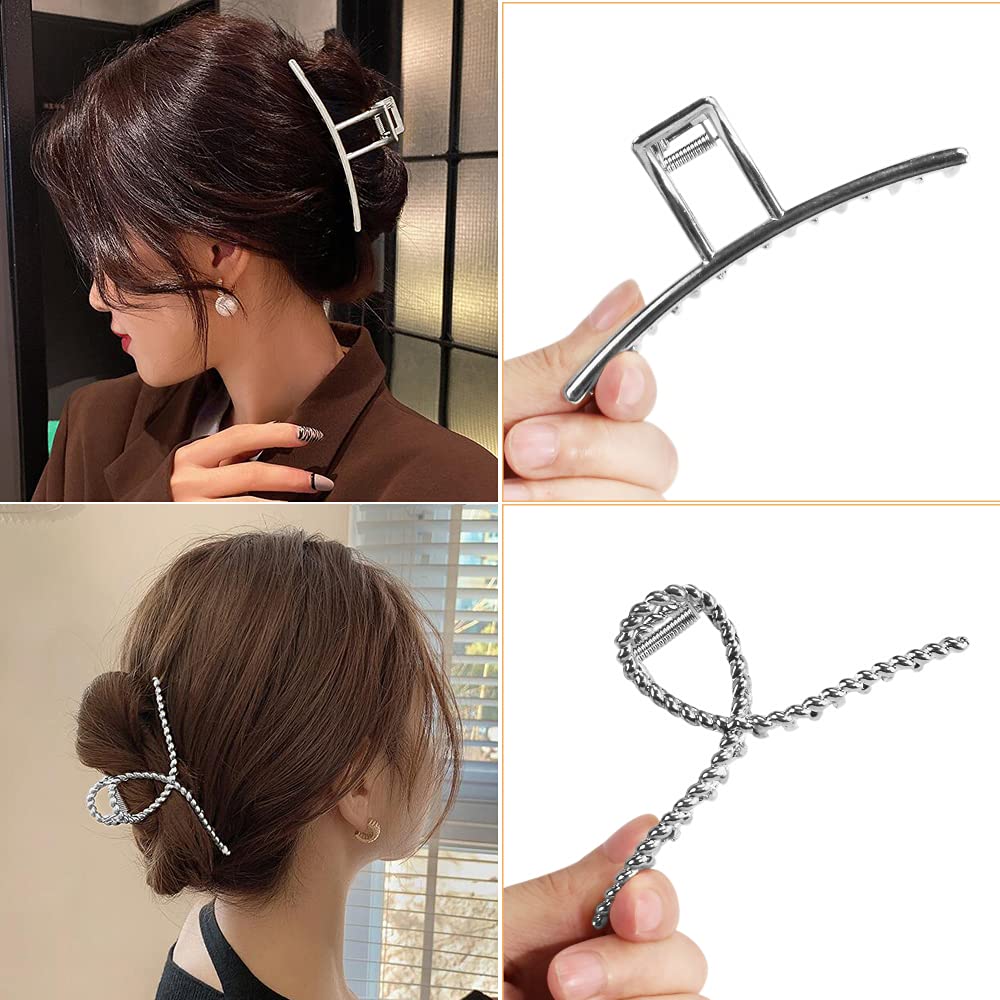 Pinzas de metal grandes para el pelo con dientes – Pinzas de agarre de mandíbula grande para cabello grueso, pinzas plateadas antideslizantes para mujer