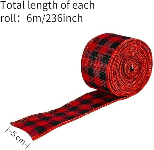 Miniatura 2 de Cinta de arpillera a cuadros rojos y negros, cinta de Navidad con alambre para envolver regalos, decoración de manualidades de Navidad, 2 x 6.6