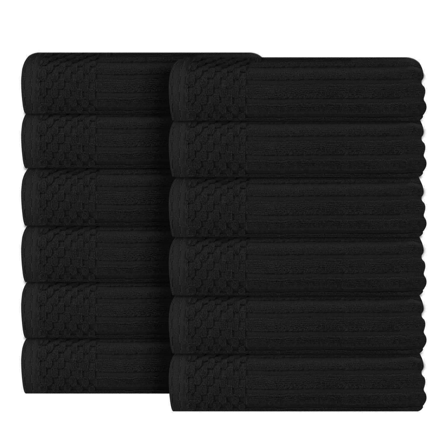 SuperiorCotton Face Towel/Washcloth Set of 12, Daily Use for Bathroom, Guest Bath, Quick Dry Small Towels, Face, Hand, Gym, Spa, Hotel, Absorbent, Home Essentials, Ribbed, Soho Collection, Black