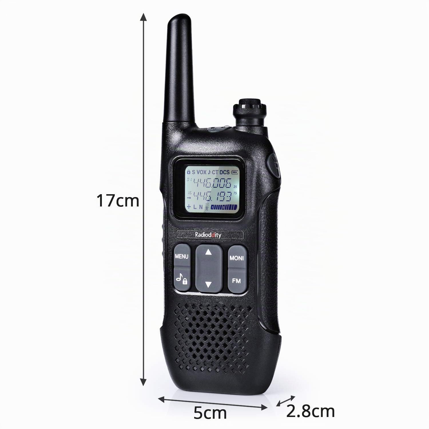 Radioddity PR-T1 PMR446 Walkie Talkie, Radio Bidirezionale a lungo raggio con Display LCD, Batteria Ricaricabile, senza licenza 16 Canali, Auricolare per Avventure, All'aperto, Campeggio, 2 Pezzi