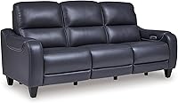 Ashley Mercomatic Blue Leather Power Reclining Sofa - Wall Hugger, Adjustable Headrest, USB Ports, Zero-Wall Design