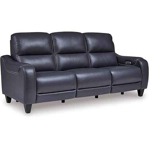 Signature Design by Ashley Mercomatic Contemporary Leather Match Wall Hugger Power Reclining Sofa with Adjustable Headrest and USB Ports, Blue