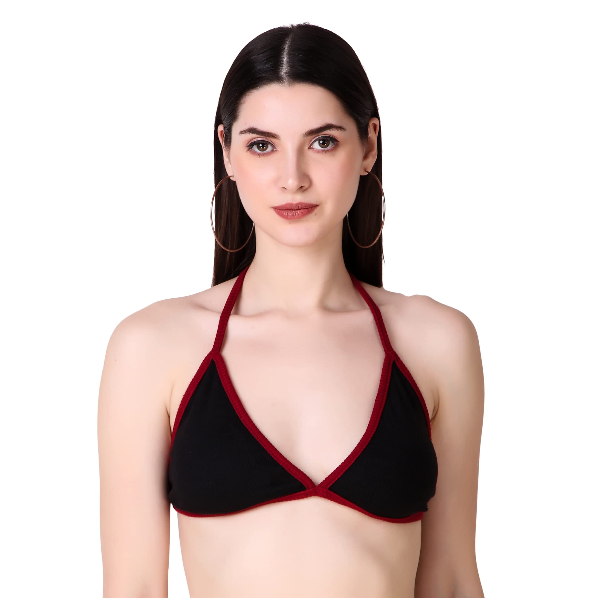 Backless Sleeveless Solid Beachwear Back Tie Up Women Trendy Top Rib Knit/Ribbed Women's Crop Cami Tank Bikini Top for Women | Beach Top (Free Size, Black-MRN)-image-21
