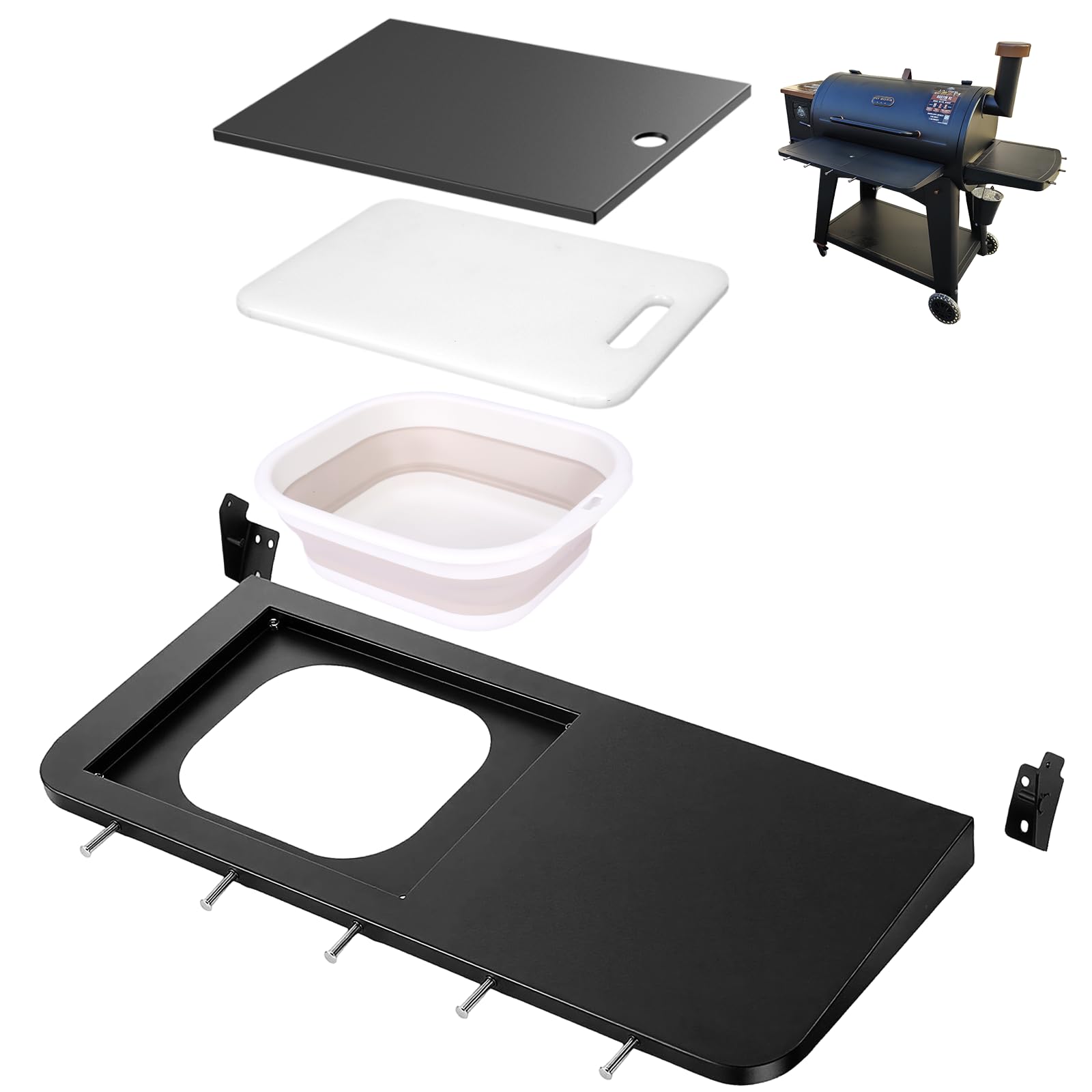 Utheer Upgraded Folding Front Shelf for Pit Boss Austin XL & Savannah Pellet Grills, 29.5" × 13.7" Heavy-Duty BBQ Prep Table with Cutting Board, Foldable Basin, Lid & 5 Hooks, 60-LB Load