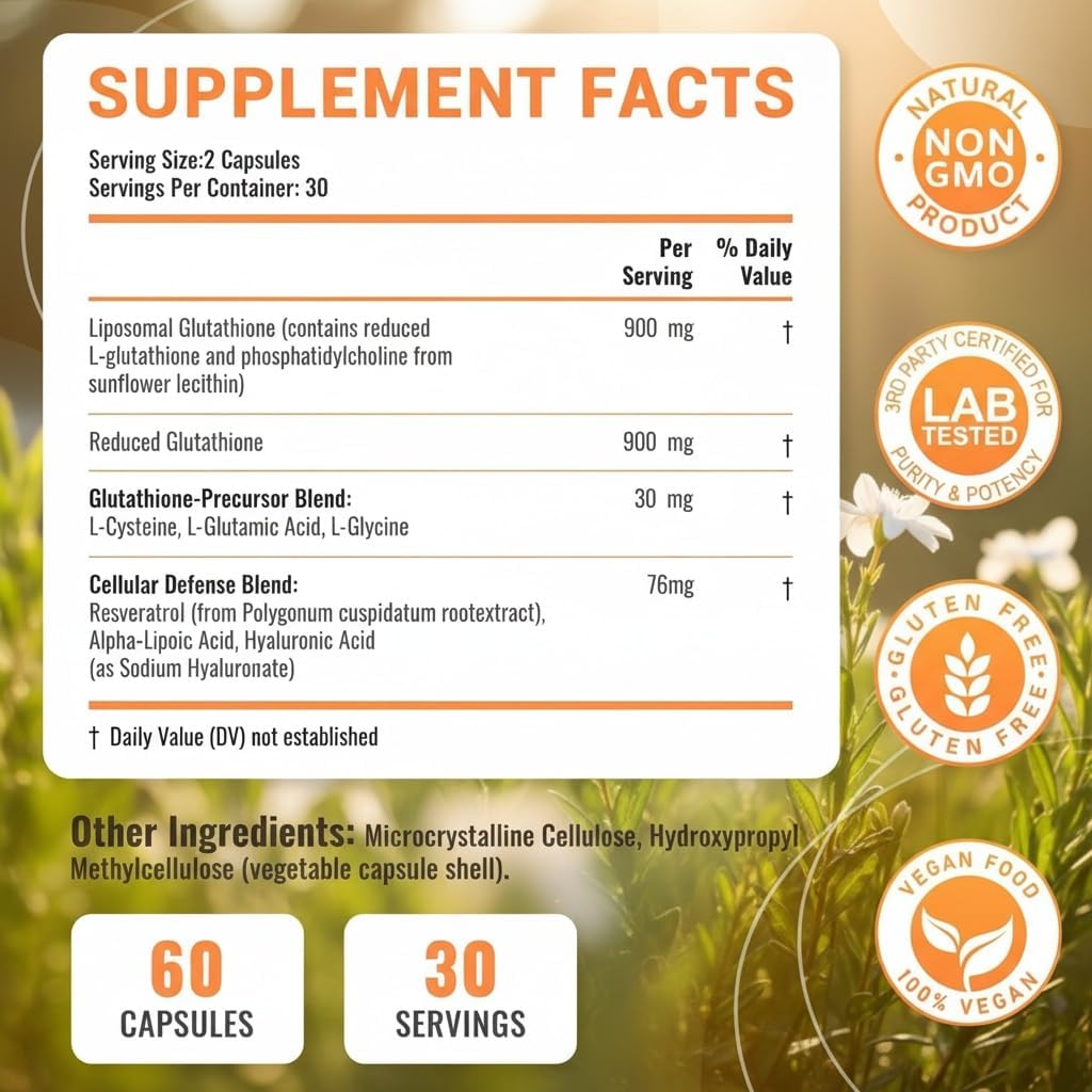 Liposomal Glutathione 1200mg with Resveratrol & ALA - Enhanced Absorption Antioxidant Supplement for Cellular Defense, Skin Radiance & Detox Support - Vegan Non-GMO, 120 Capsules - Image 3