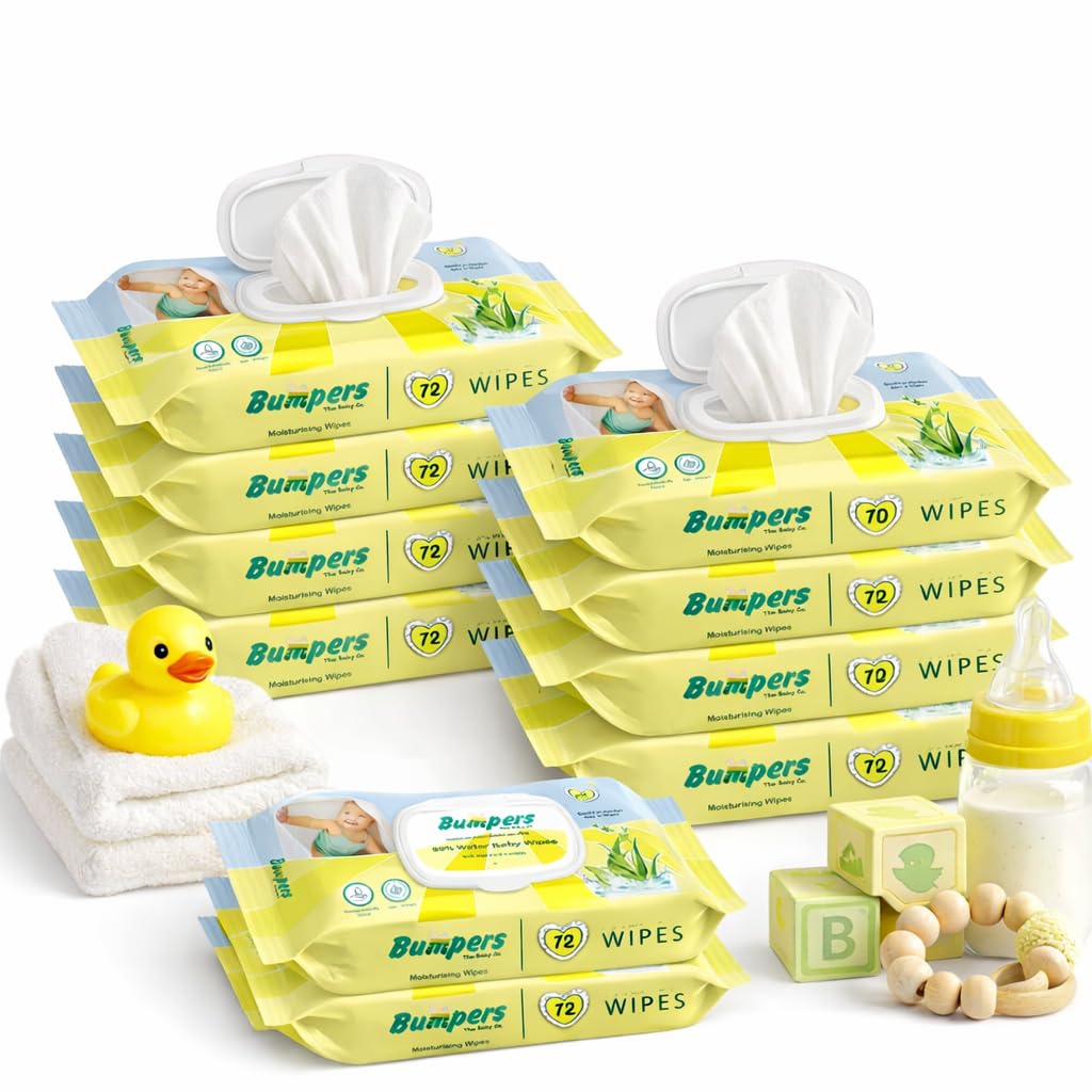 Bumpers Moisturising 99% Water Baby Wipes with Lid, Aloe Vera & Vitamin E | Extra Thick & Moist | Alcohol & Paraben free | pH balanced & Hypoallergenic | 72 Counts/Pack (Set of 10) (720 Wipes)-image-37