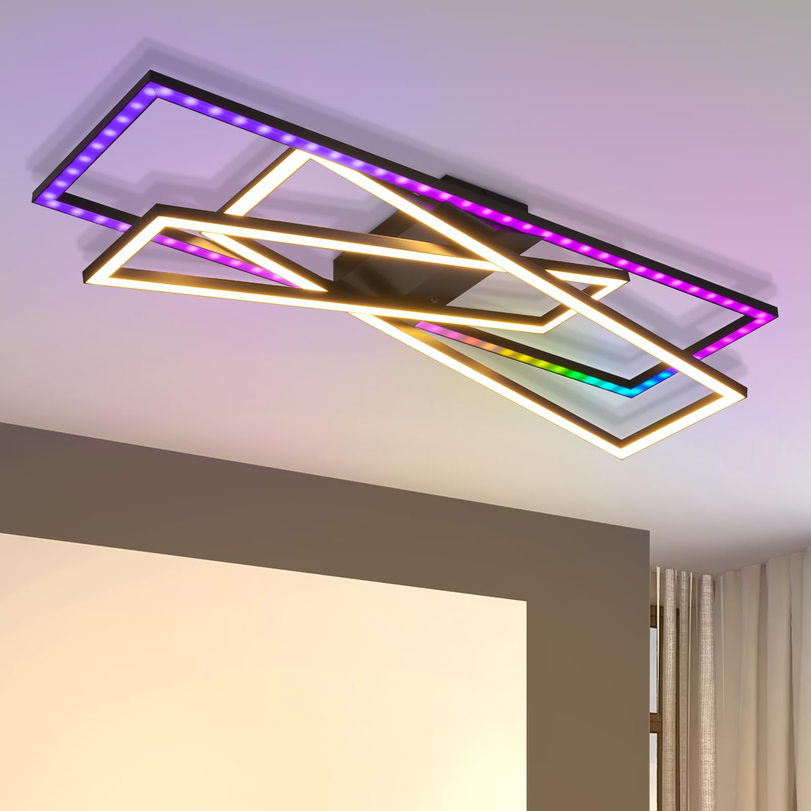 Homefire Deckenlampe Wohnzimmer LED Deckenleuchte RGB Schwarz 36W Dimmbar | Wohnzimmerlampe Farbwechsel Modern Schlafzimmerlampe mit Fernbedienung Metal Deckenleuchten Rechteckig für Jugendzimmer Büro