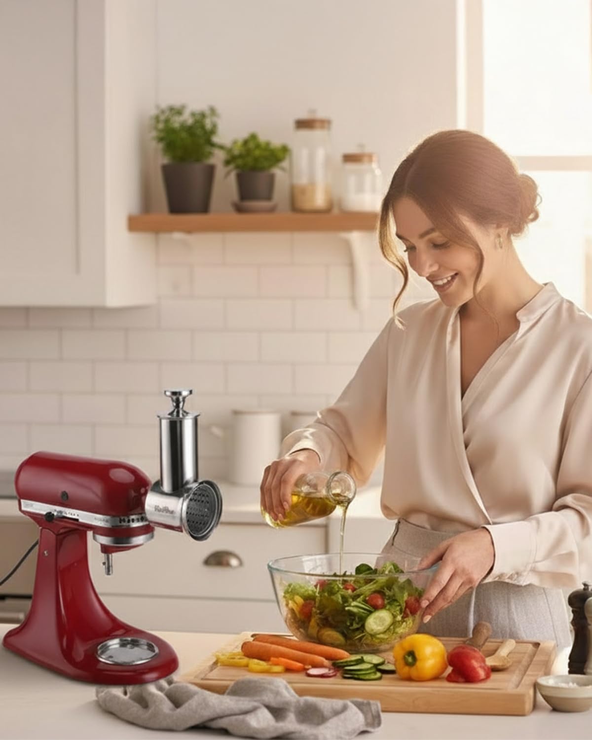 RAFBAR Accessoire pour râpe à fromage KitchenAid - Lame plus large de 75 mm pour KitchenAid - Grande goulotte d'alimentation de 60 mm, 3 lames de tambour, machine à salade, passe au lave-vaisselle
