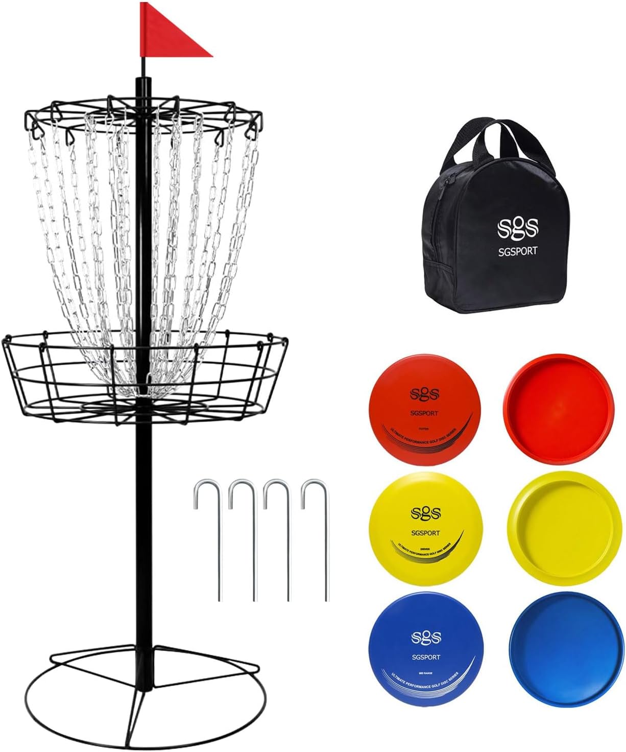 Disc Golf Basket - Portable Disc Golf Target with Heavy Duty 24-Chains Come with 6pcs Disc Golf Discs and Carry Bag, Ground Stake -Suitable for Players of All Levels - Multi Color Available