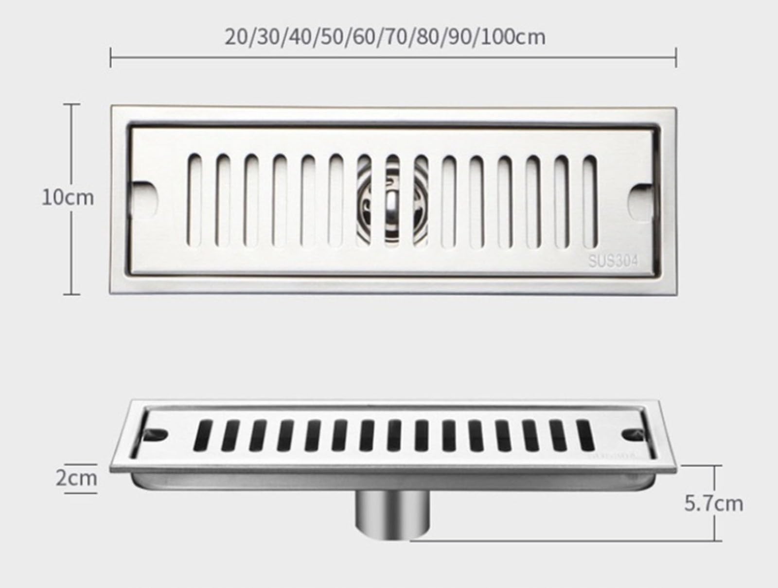 PONNYC Scarico a Pavimento - D'argento Piletta Doccia in Acciaio Inossidabile, Ampia Cilindrata, Filtro Rimovibile, Scarico Doccia con Deodorante per WC, Bagno, Cucina(Size:10 * 90cm)