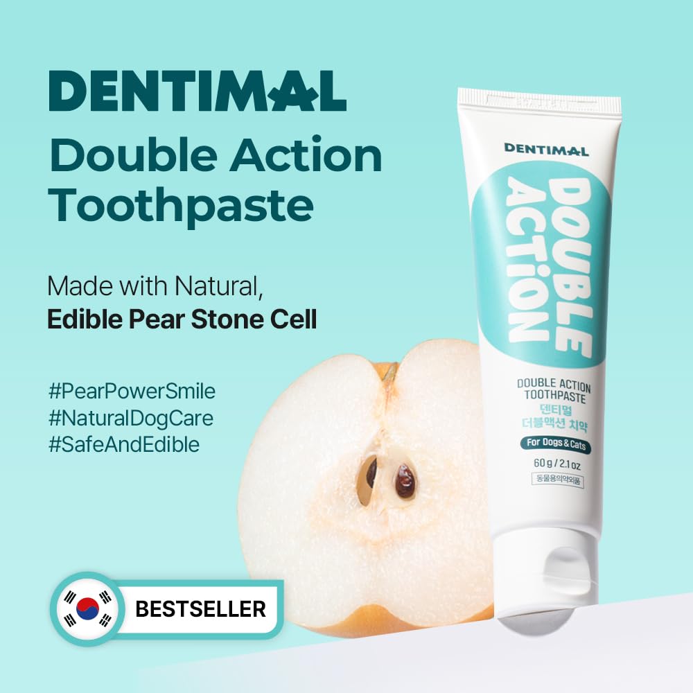 Dentimal Double Action Toothpaste for Dogs & Cats, Pear Stone Cell Formula for Dual-Action Cleaning, Removes Plaque & Tartar, Freshens Breath, (2 fl oz/ 60g)