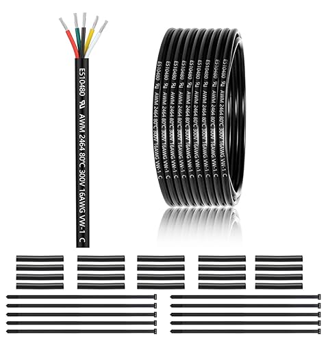 Cable eléctrico de calibre 16 y 5 conductores de 50 pies, UL 2464 16 AWG 5 cables de cobre estañado PVC trenzado de 165 núcleos para iluminación