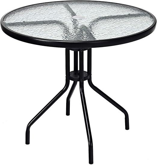 Goplus 32" Outdoor Round Patio Table with Umbrella Hole, All Weather Dining Table Tempered Glass Top, Bistro Table Coffee Table Furniture Commercial Party Event for Backyard Lawn Balcony Pool