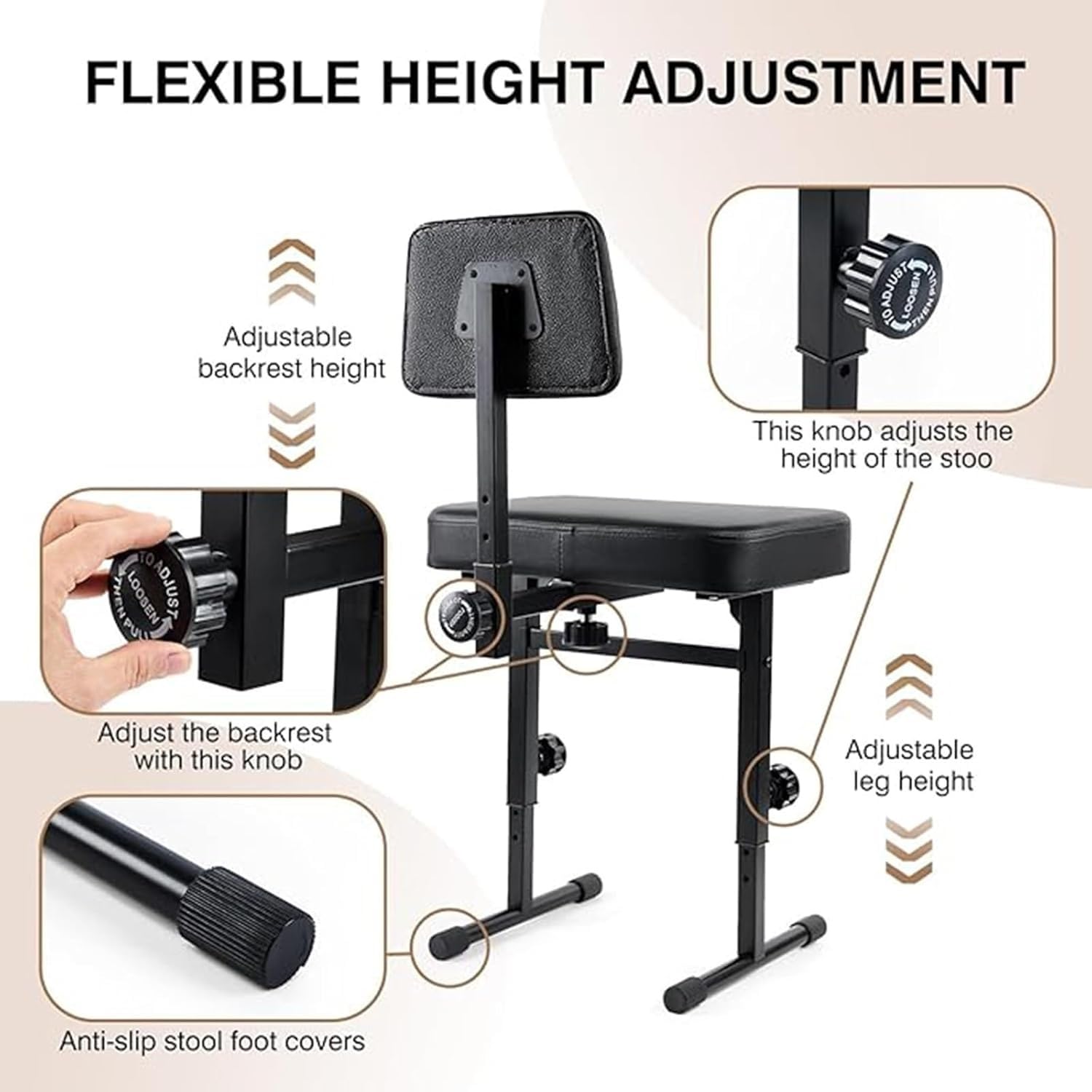 Banco De Piano con Respaldo, Asiento Ajustable For Teclado Musical Cojín Acolchado Negro For Silla Profesional Resistente Cuero PU(A)