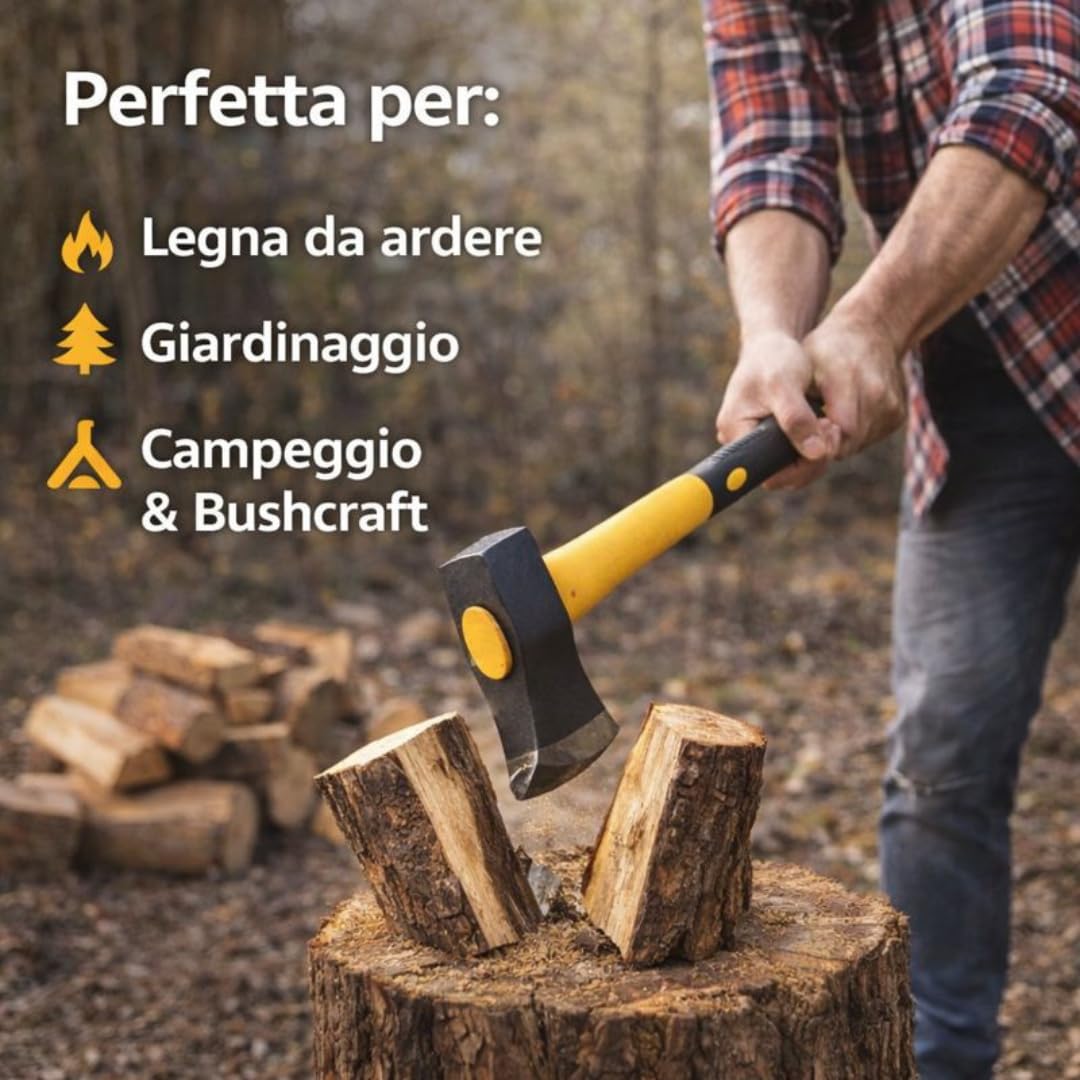 Alte Scure/Mazza 3,5 kg in Acciaio Forgiato – Manico in Fibra di Vetro Antiscivolo – Strumento Giardinaggio, Spaccalegna & Campeggio