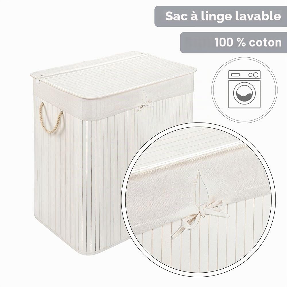 PANA®ECO Panier à linge en bambou avec couvercle (104 L) • Bac à linge avec sac amovible • Corbeille à linge pliable • Coffre à linge salle de bain • 100% bambou • Couleur : Blanc (52x32x63 cm)