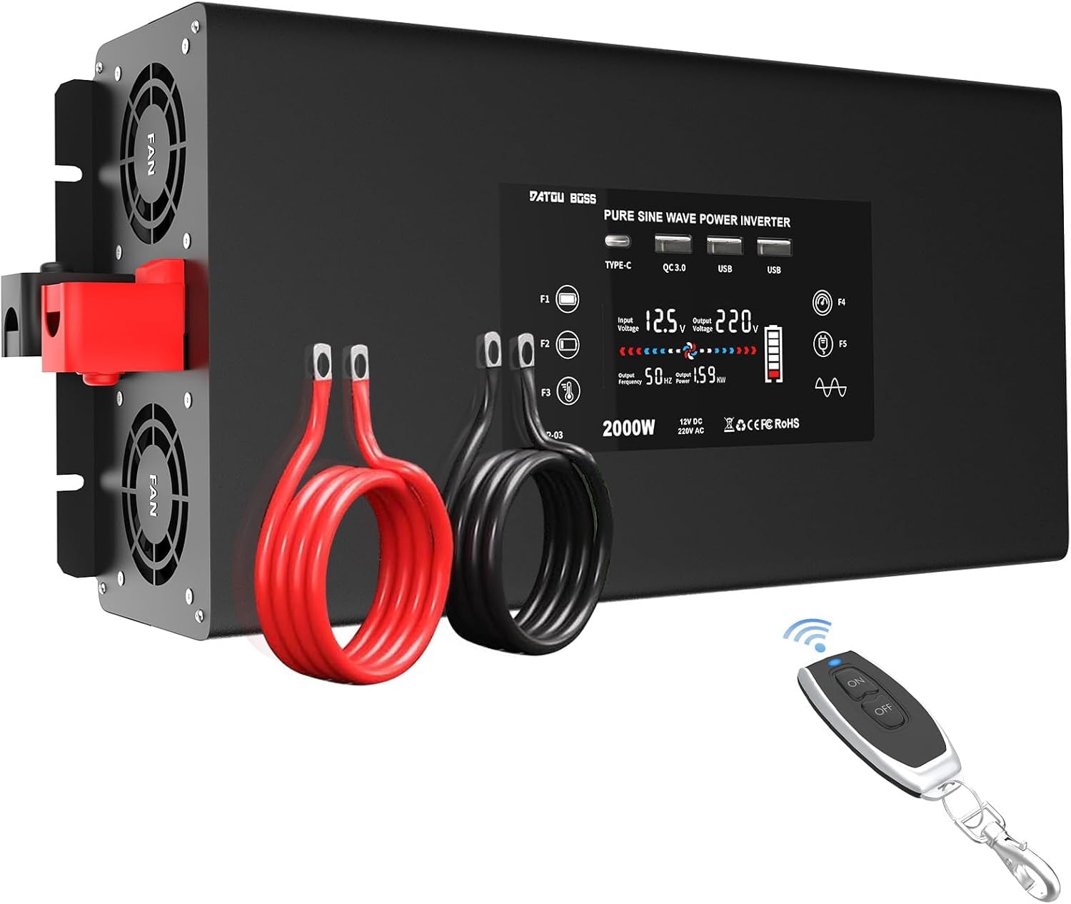DATOUBOSS Inverter 12V 220V/230V Onda Pura 2000W Convertitore con Telecomando 2 Prese EU USB QC3.0 Type-C Display LCD