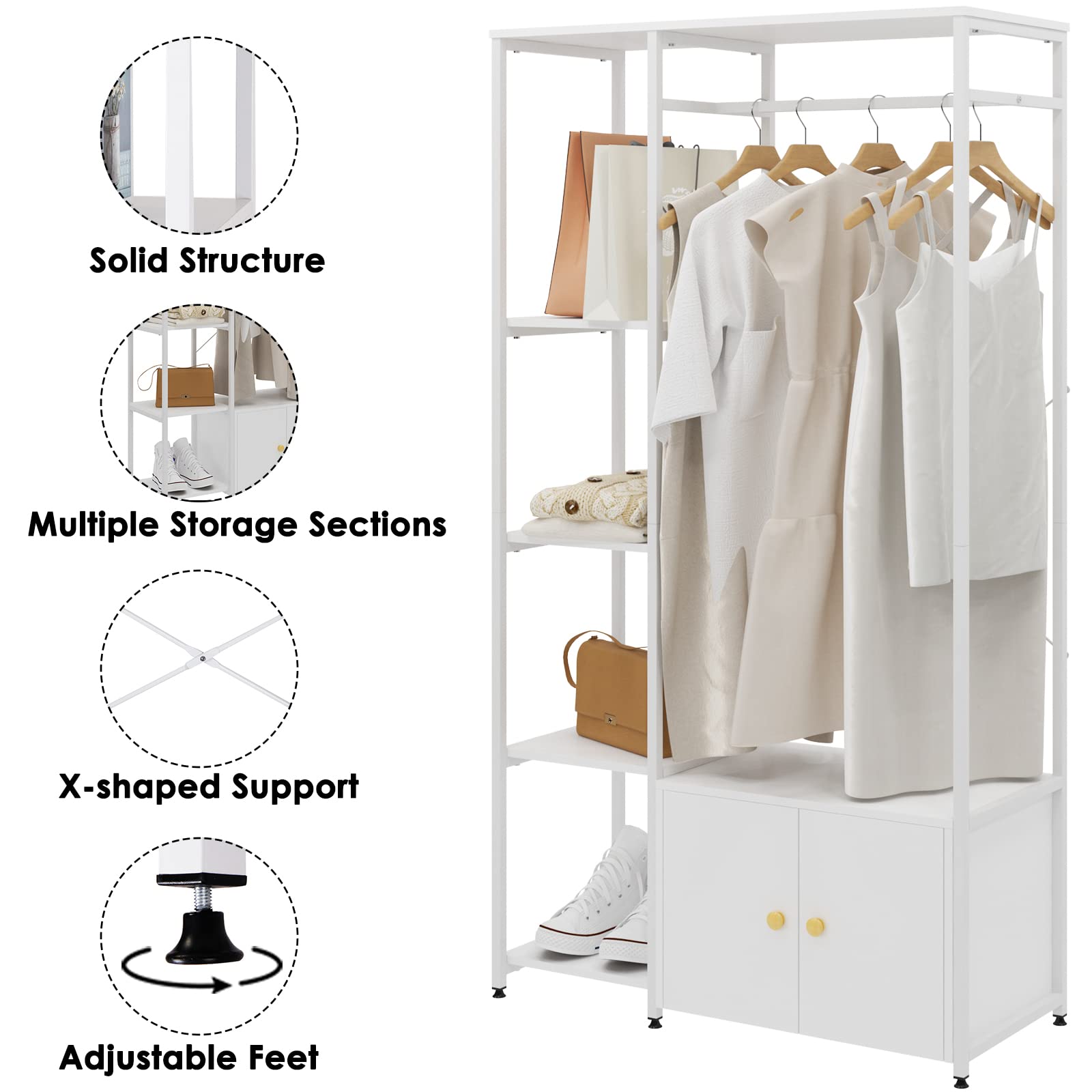 sogesfurniture Perchero Burro Ropa Blanco, Perchero portátil con 4 Estantes y Barra de Metal para Colgador Ropa, Perchero Metálico Resistente para Pasillo, Sala de Estar, Entrada, Dormitorio