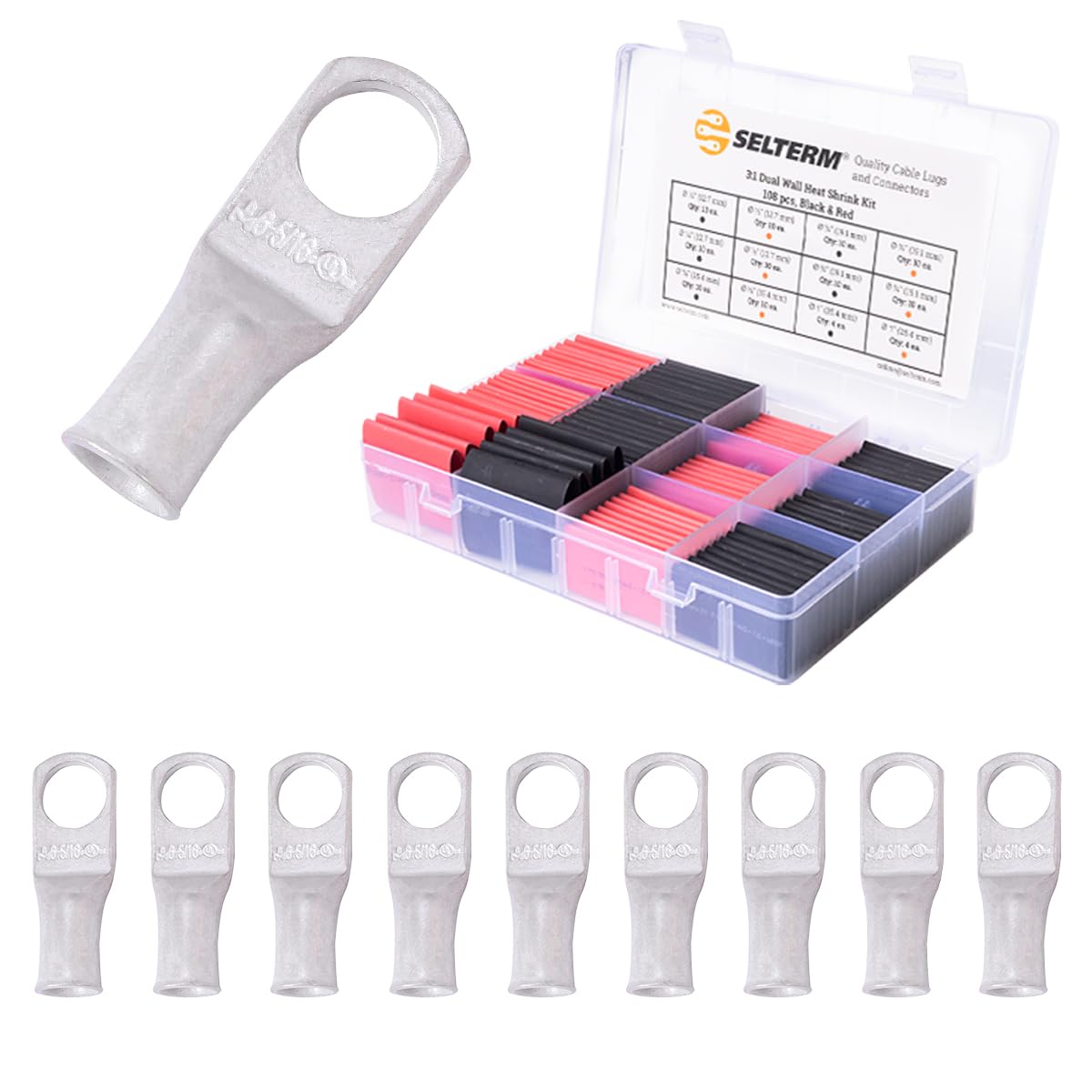 SELTERM10pcs 6 AWG-5/16" Stud Tinned Copper Lugs & Large Size 108 Pcs 3:1 Dual Wall Adhesive Line Heat Shrink Tubing Kit 1, 3/4, 1/2, 5/8 Inch Assortment Kit