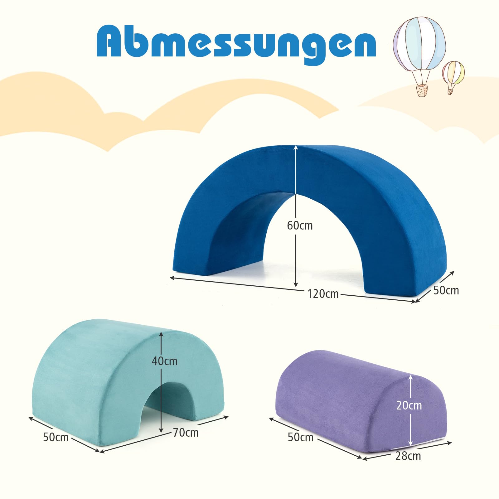 COSTWAY 3-TLG. Softbausteine, Schaumstoffbausteine zum Klettern und Krabbeln für Babys, Kletterbogen, Riesenbausteine aus Schaumstoff, Großbausteine für den Innenbereich (Blau)
