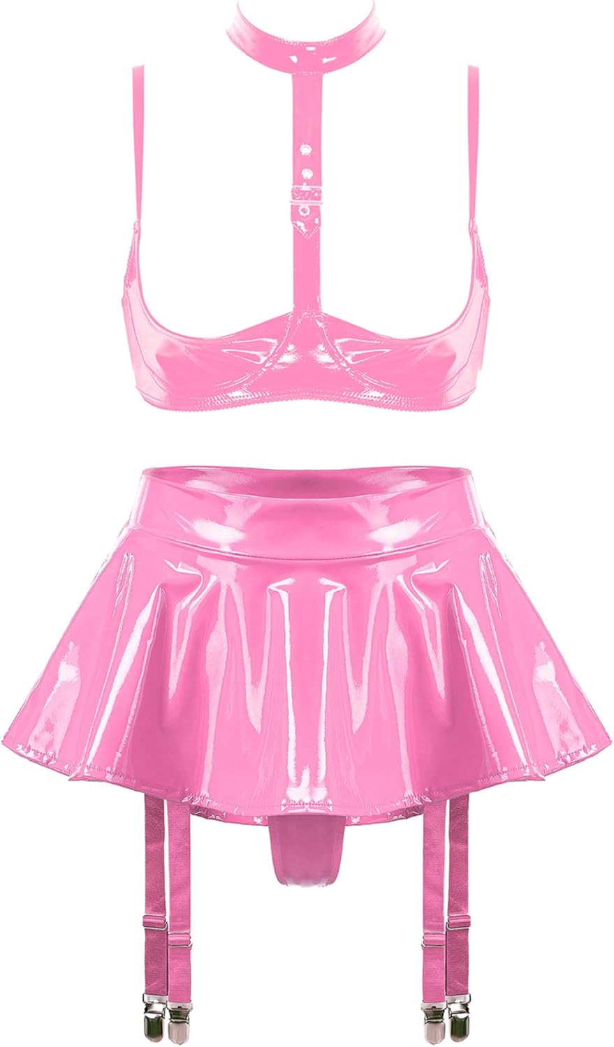 Hedmy Women Shiny Leather Lingerie 1/4 Cups Bare Exposed Breast Bra and Skirt Set with Garter Belts