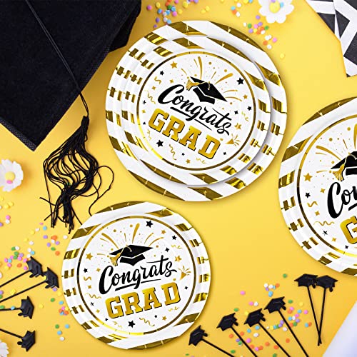 Whaline 40Pcs Graduation Paper Plates Congrats Grad Round Disposable Plates 9Inch & 7Inch White Gold Striped Decorative Tableware For College School Graduation Party Supplies Table Decorations #TOP5