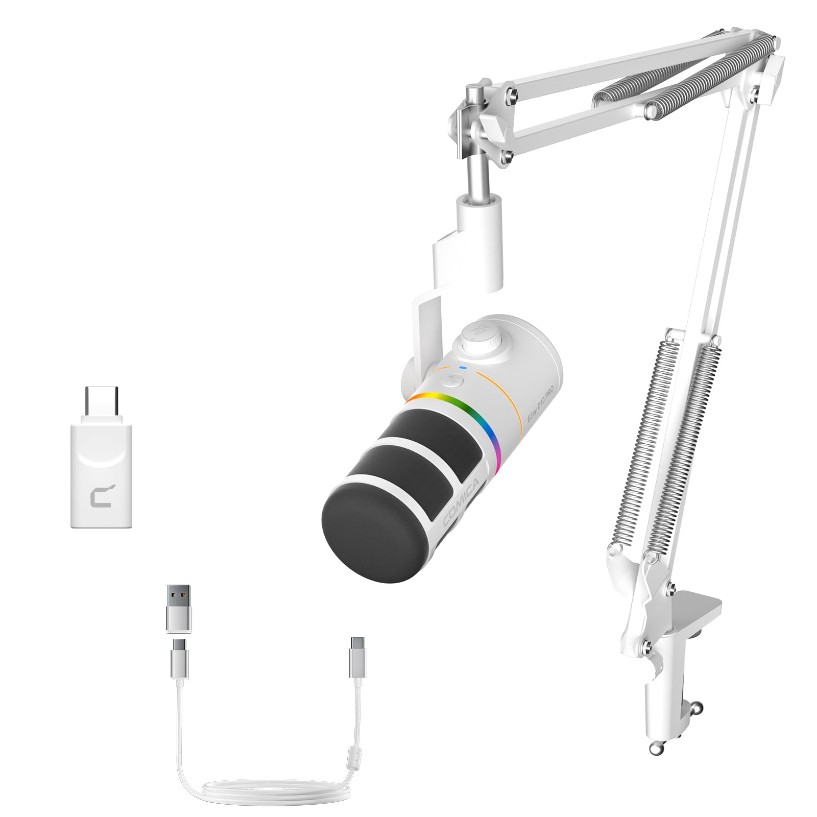 COMICA EJoy D10 Pro Branco Microfone Dinâmico XLR/USB-C para PC e Consoles, com Braço