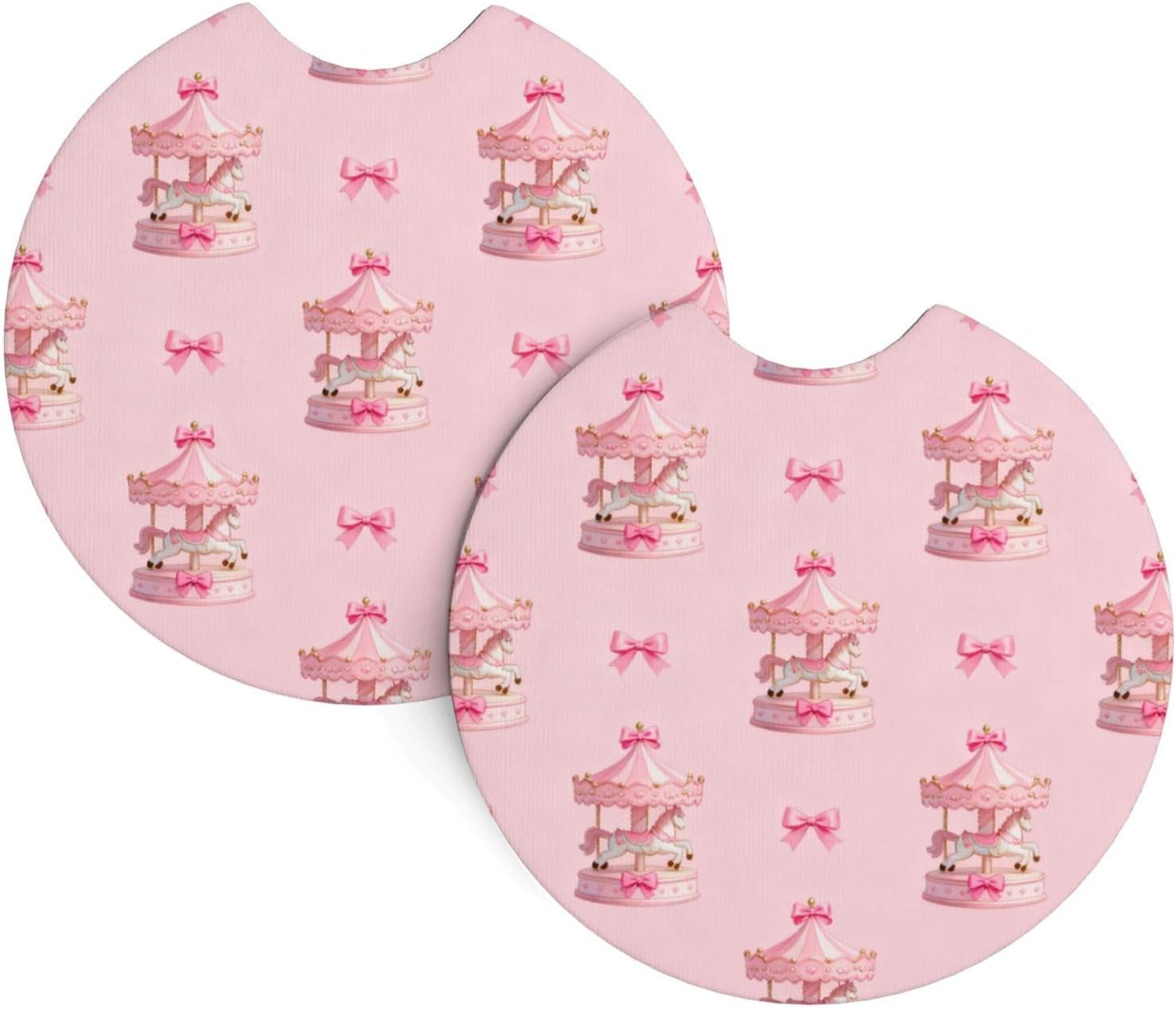 2 Pcs Car Cup Holder Coaster, 2.75 Inch Carousel with Pink Bow Anti-Slip Car Coasters for Cup Holders, Shockproof Cup Holder Insert Car Accessories Interior for Car SUV