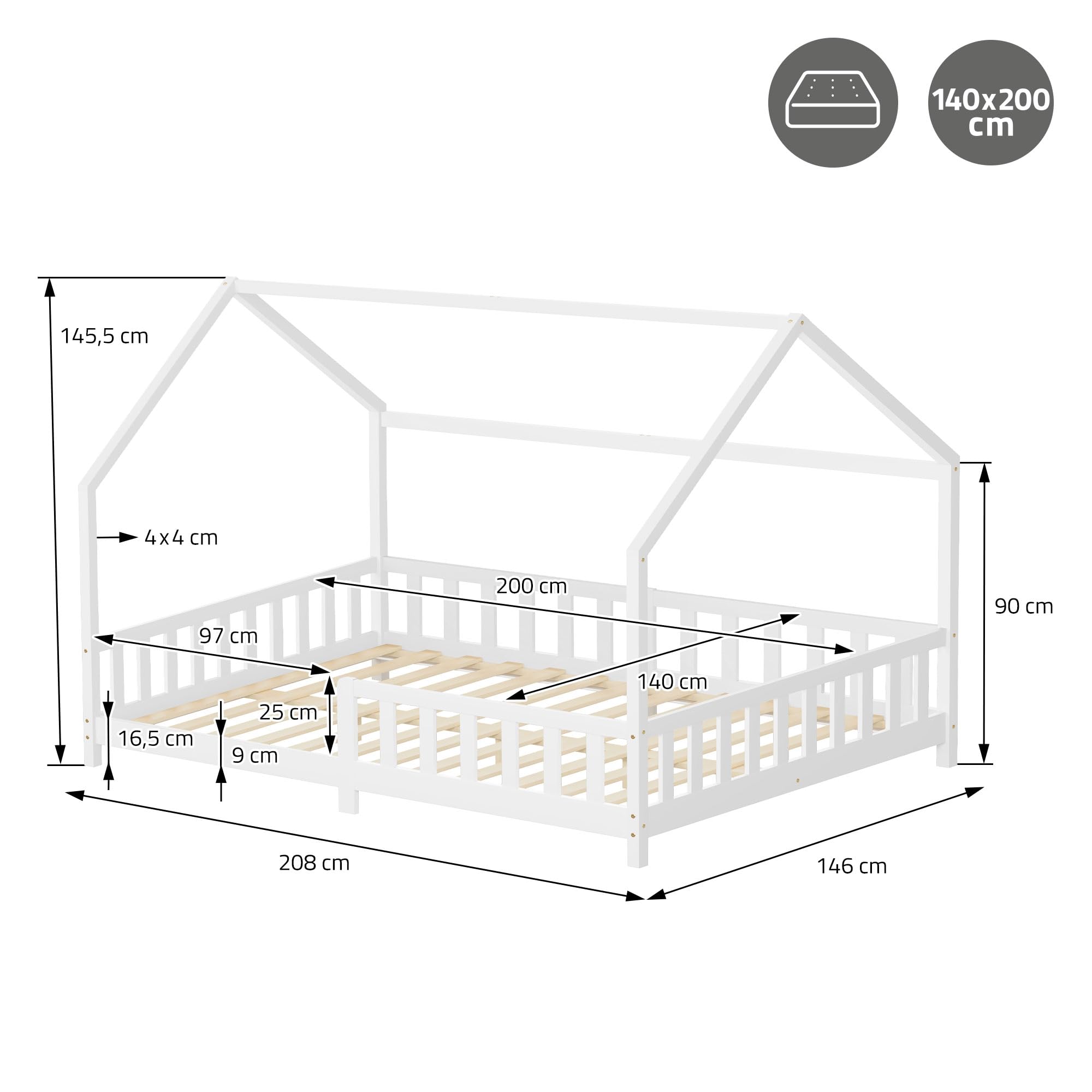 ML-Design Cama Infantil 140x200cm Blanco, con Protección Anticaída, Techo y Somier, Estructura Listones de Madera de Maciza de Pino Lecho Doble Montessori Forma de Casa Mobiliario Juvenil, para Niños
