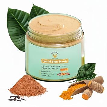 Glow-Rious Turmeric Face Scrub with Vitamin C & Honey - Gentle Exfoliating Facial Scrub for Skin & Even Tone - with Cinnamon & Clove - 100g/3.52oz