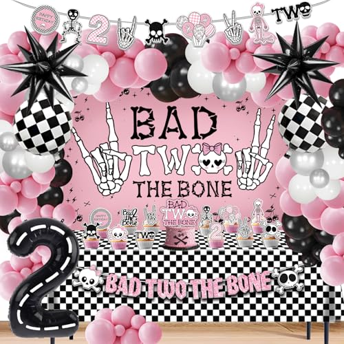 Bad Two The Bone Birthday Decorations Rock And Roll Music Themed 2nd Birthday Party Decorations Balloons Tablecloth Backdrop Banners Cake Cupcake Toppers for 2 Year Old Party