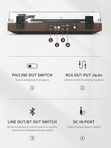 Miniatura 5 de Tocadiscos de transmisión por correa con salida Bluetooth, soporte de conectividad de 2 velocidades (33 y 45 RPM) Línea de salida RCA, reproductor