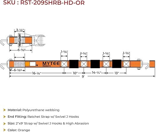 Miniatura 6 de Mytee Products Paquete de 8 correas de rueda de neumáticos de 2 x 9 pies con ganchos giratorios en J y bloques de goma para transportadores de