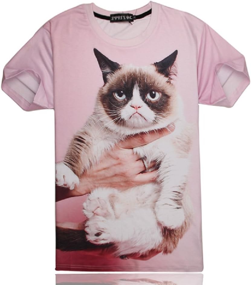 Men's 3D Print Pink Cat Graphic Slim Fit Short Sleeve O Neck Tshirt L