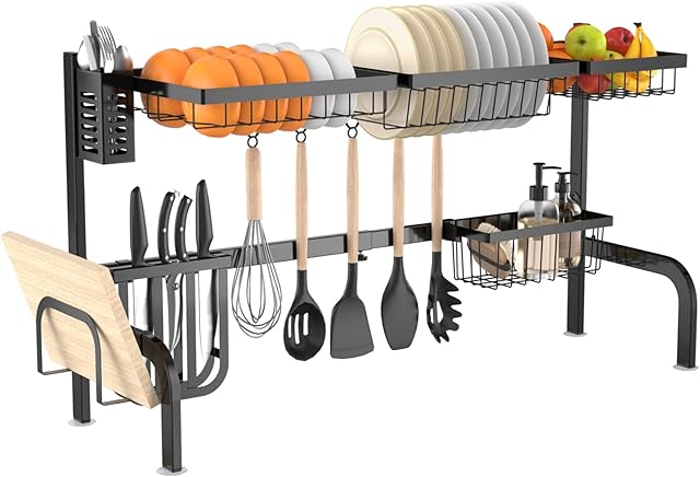 TANGZON Over The Sink Dish Drying Rack, 2 Tier Width Adjustable (21"-39") Dish Rack with Utensils Holder, Cutting Board Stand & 5 Hooks, Rust Proof Kitchen Countertop Drainer Organizer