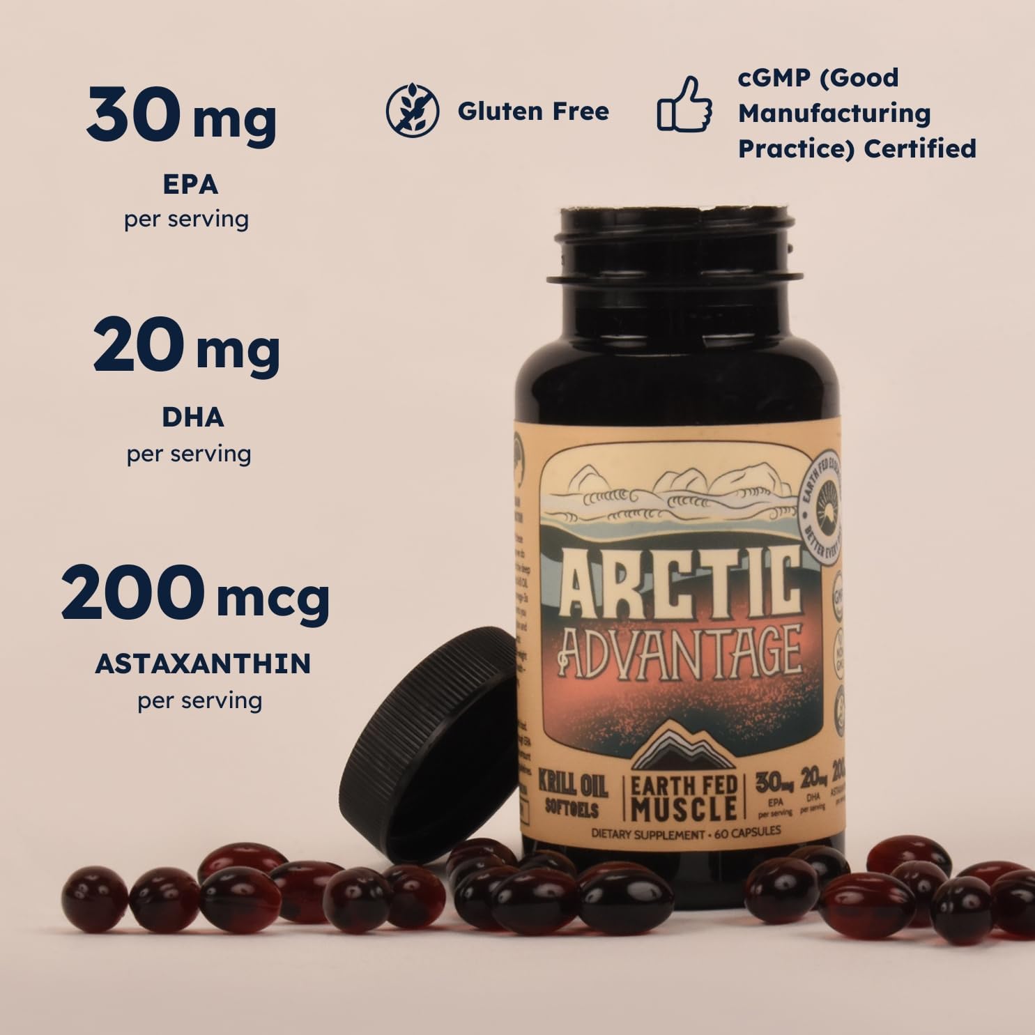 Earth Fed Muscle Arctic Advantage Krill Oil 500mg softgels, Omega-3 DHA & EPA for Heart, Brain, Eye & Joint Health Support, No Fishy Aftertaste, Non-GMO, Gluten-Free Antartic Krill Oil - 60 Capsules