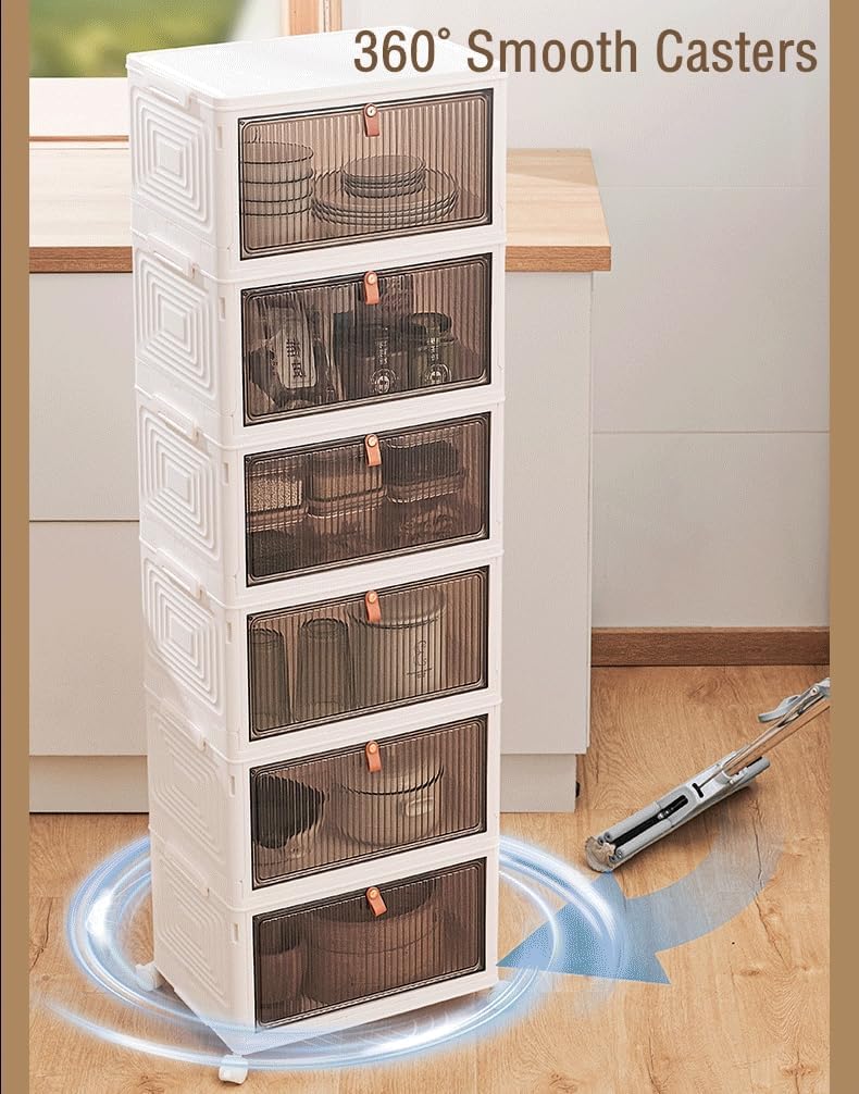 Foldable Storage Bins Boxes with Lid Wheels and Magnetic Door, Collapsible Stackable ABS Organizer for Kitchen Cloakroom Closet Living Room & Office (6 Tier)