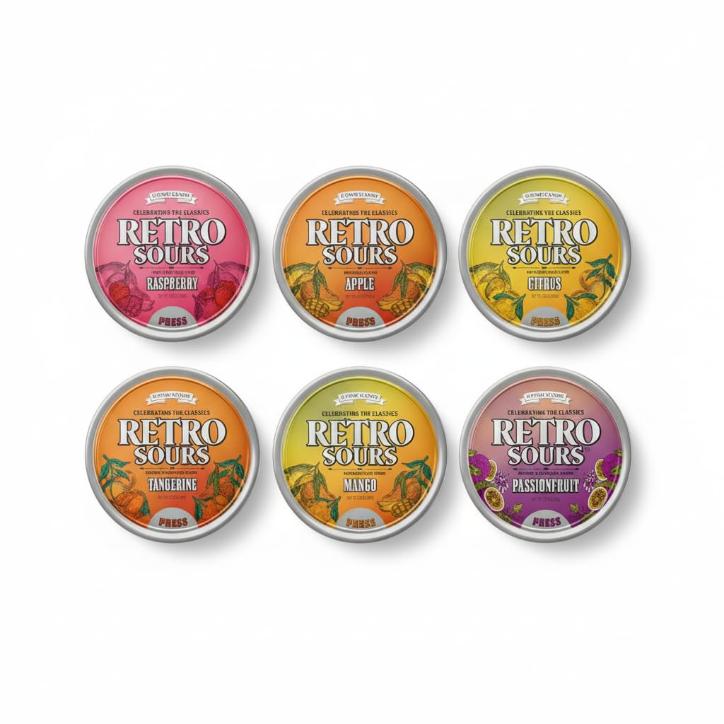 Retro Sours - Apple, Raspberry, Passion Fruit, Mango, Citrus, & Tangerine Flavored Hard Candy - Tart & Tangy 6-Pack Variety Set