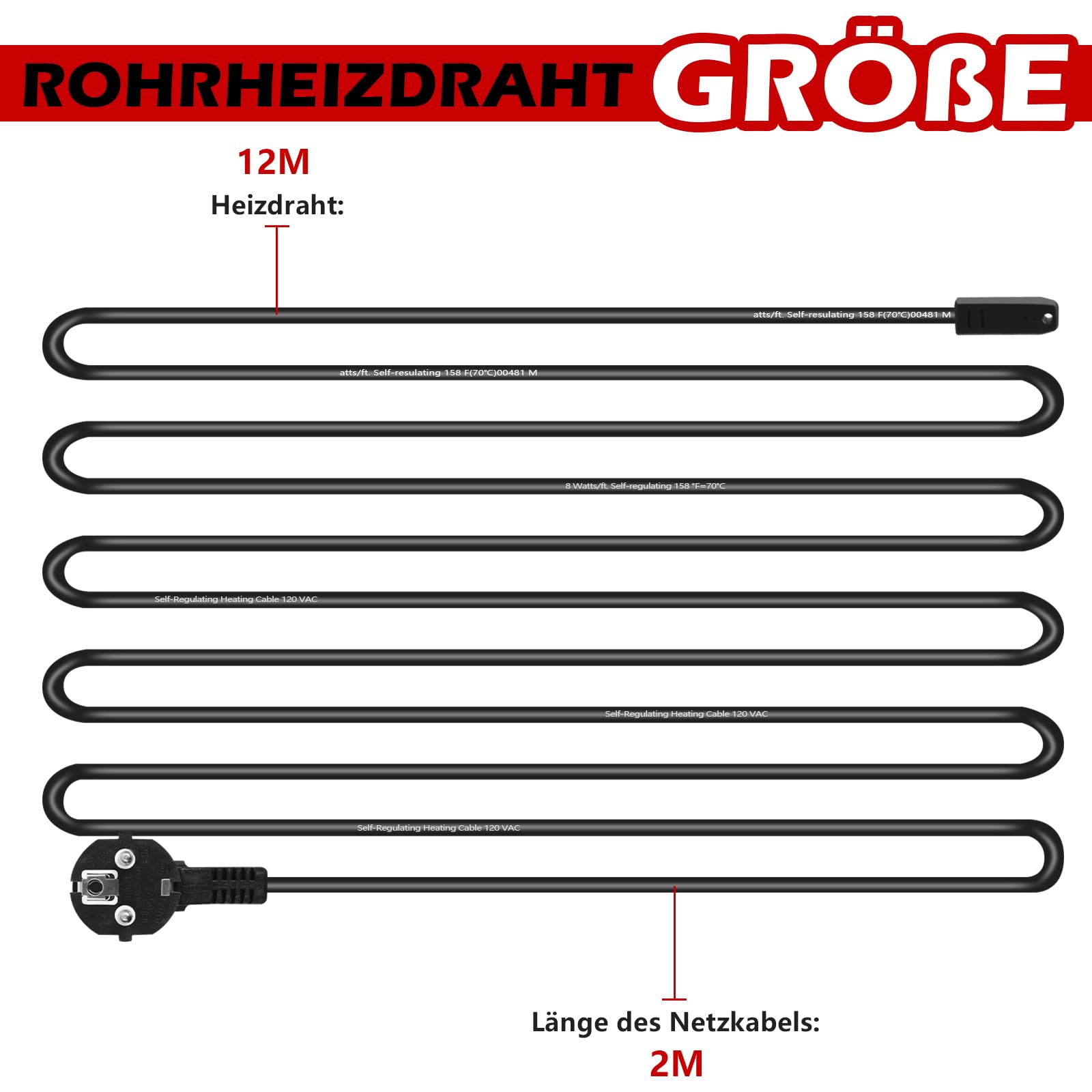Selbstregulierendes Rohrbegleitheizung mit Thermostat, Frostschutz Heizkabel, Begleitheizung Wasserleitung, Heating Cable für Frostschutz für Wasserleitungen oder Pflanzen 12m