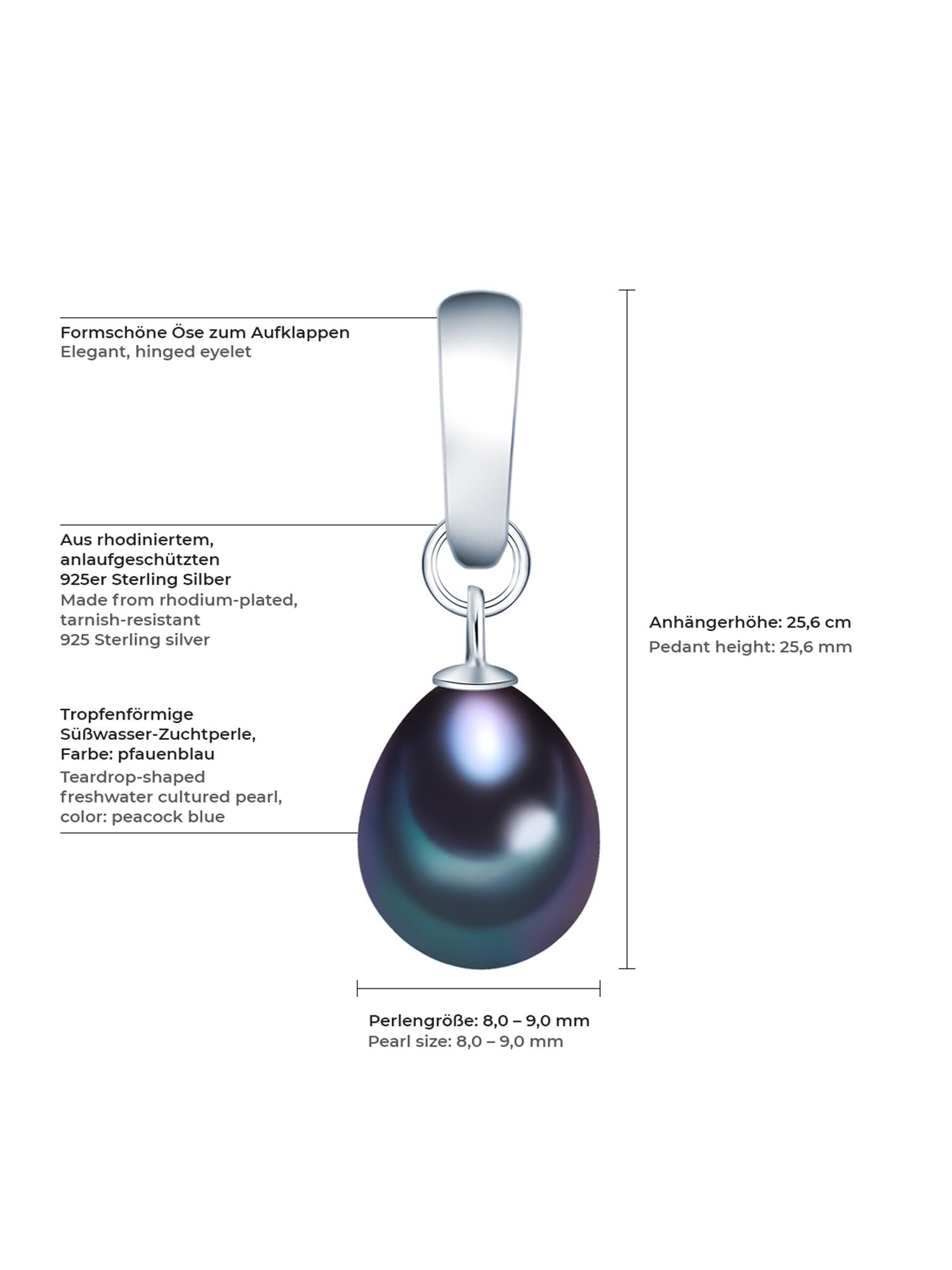 Valero Pearls Damen Perlenanhänger Süßwasser-Zuchtperle 9 mm Tropfenform Pfauenblau 925/- Sterling Silber (ohne Kette) - Echte Perle dunkelblau