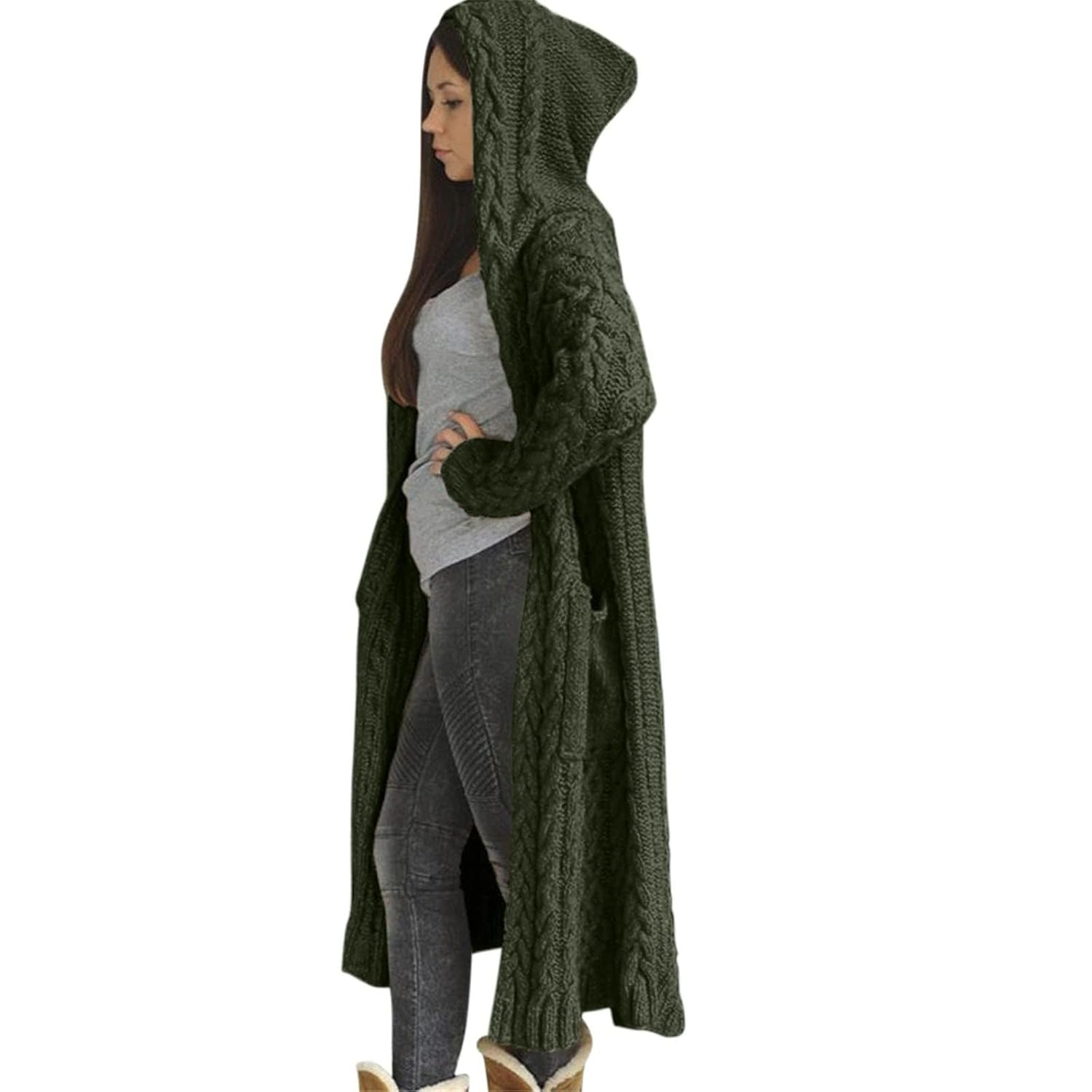 Chunky Cardigan Sweaters for Women Plus Size Long Sleeve Open Front Cardigan Warm Hooded Coat Cable Knit Long