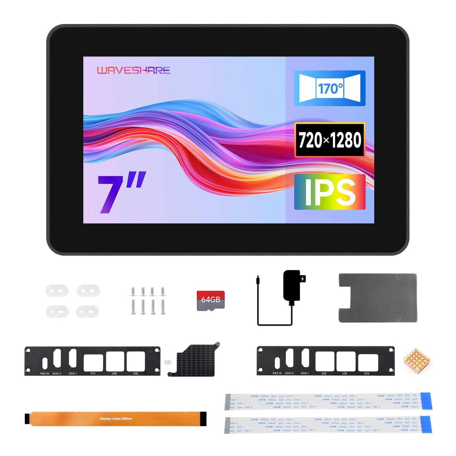 Waveshare 7inch 720 x 1280 Industrial HMI All-In-One Touch Display for Raspberry Pi4/Pi5(Not Included), Dual 4K HDMI Output 10-Point Touch, Optical Bonding, Al Alloy Case(with Power Supply & TF Card)